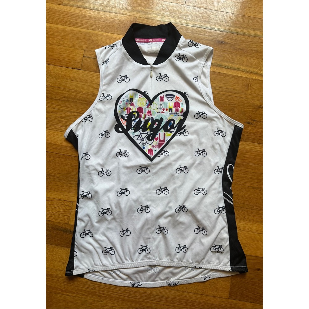 Sugoi Womens Sleeveless Cycling Jersey White Heart Bicycle Print FinoTech Large
